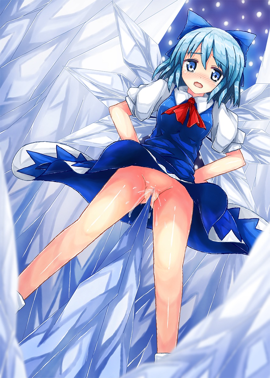90i blue_eyes blue_hair blush bow cirno dress female from_below hairbow hands_on_hips highres ice ice_wings no_panties pussy pussy_juice rule34 short_hair solo tear touhou vaginal_insertion wings
