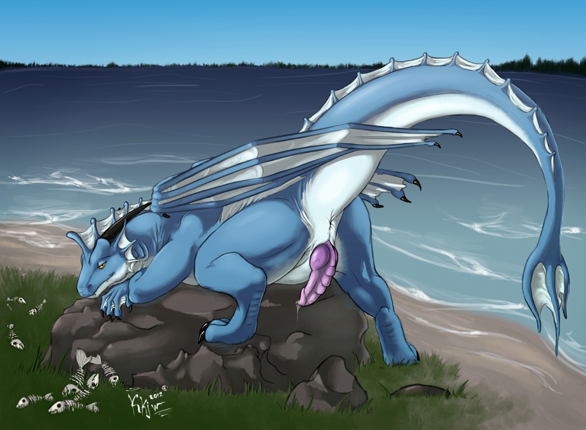 2012 all_fours anus aquatic aquatic_dragon beach blue_body blue_skin bodily_fluids bone butt claws day detailed_background digitigrade dragon e621 erection european_mythology feral fishbone folded_wings genital_fluids genitals gills grass horn karukuji karukuji_(character) knot lake looking_at_viewer lying male membrane_(anatomy) membranous_wings mythological_creature mythological_scalie mythology nude on_front orange_eyes outside penis plant pose precum raised_tail reptile rock sand scalie seaside skeleton sky solo spread_legs spreading tail teeth thick_tail toe_claws vein water western_dragon white_body white_skin wings