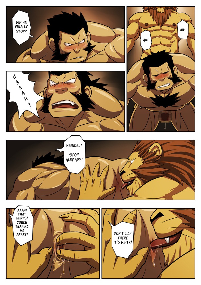 all_fours anal anus ape balls barazoku blush butt butt_grab censored chimera comic darius_(fullmetal_alchemist) dialogue duo e621 english_text felid fullmetal_alchemist genitals gorilla hairy hand_on_another's_butt hand_on_butt haplorhine heinkel_(fullmetal_alchemist) human human_rimmed hybrid licking lion male male/male male_penetrated male_penetrating male_penetrating_male mammal multiple_scenes muscular oral pantherine penetration penis primate rimming sex spread_butt spreading text tongue tongue_out translated zelo_lee