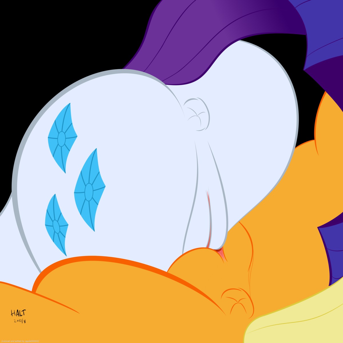 1:1 absurd_res anus applejack_(mlp) butt cutie_mark duo e621 earth_pony equid equine female female/female feral feral_on_feral friendship_is_magic genital_shot genitals haltie hasbro hi_res horn horse mammal my_little_pony mythological_creature mythological_equine mythology pony rarity_(mlp) sex sex_shot simple_background tail third-party_edit tribadism unicorn vaginal vulva vulva_shot