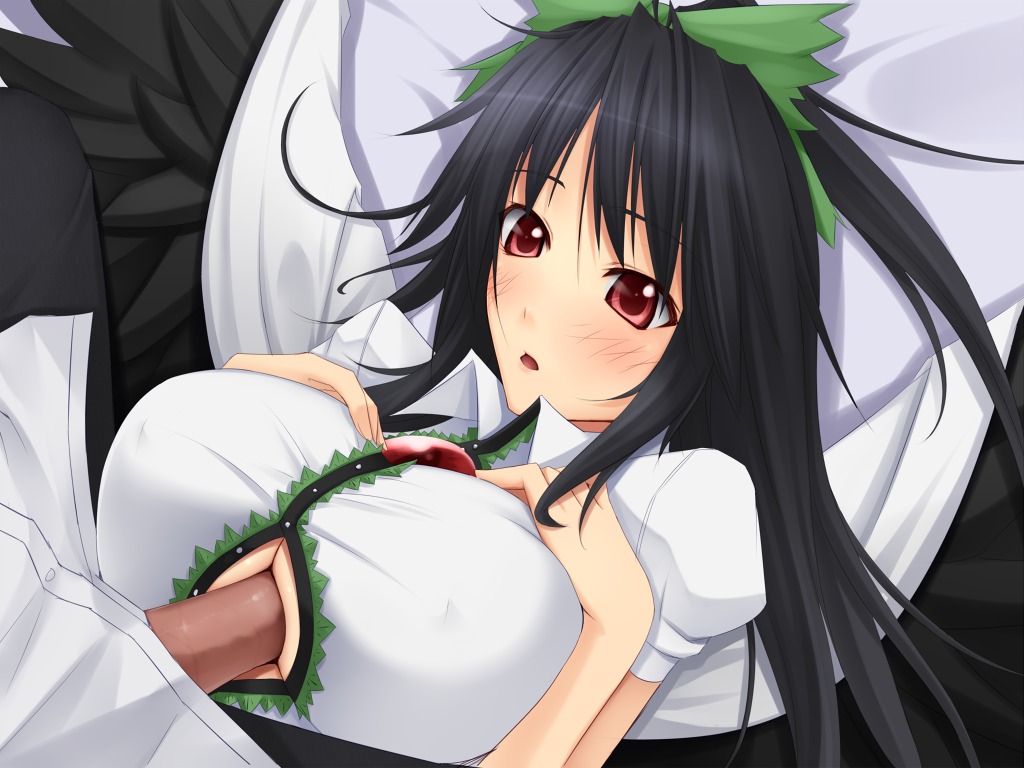 akitsuki_karasu big_breasts black_hair black_wings blush breasts female hair_ribbon huge_breasts long_hair male open_mouth paizuri paizuri_under_clothes penis red_eyes ribbon rule34 straight touhou uncensored utsuho_reiuji wings