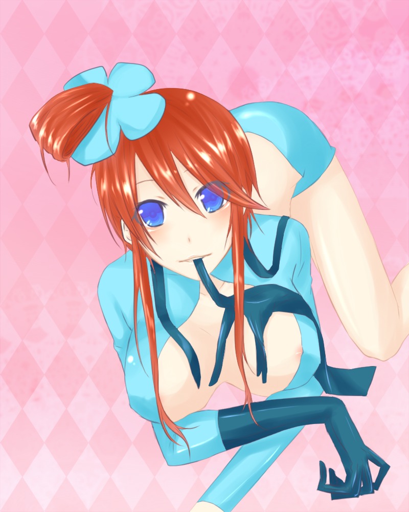 1009x blush breasts cleavage female female_only game_freak glove_in_mouth human human_only huuro_(pokemon) mouth_hold nintendo nipples pokemon pokemon_bw rule34 skyla_(pokemon) smile solo