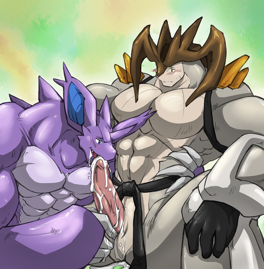 2011 abs anthro anthrofied balls belt biceps big_muscles big_penis blue_eyes blush bodily_fluids brown_eyes clothing cum cum_in_mouth cum_inside cum_on_balls cum_on_penis duo e621 erection fellatio feral generation_1_pokemon generation_5_pokemon genital_fluids genitals gouki horn huge_muscles kokukokuboo kuron legendary_pokemon male male/male male_penetrated male_penetrating male_penetrating_male muscular muscular_male nidoking nintendo oral orgasm pecs penetration penile penis pokemon pokemon_(species) sex syrinox terrakion vein