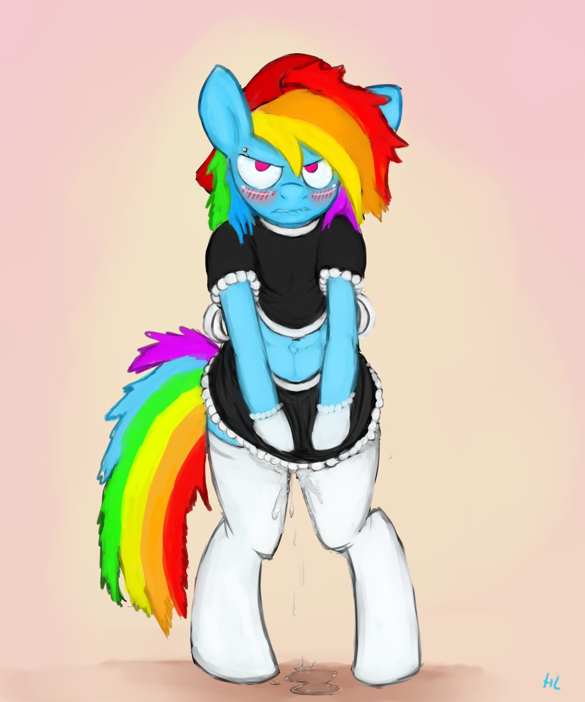 2013 5:6 absurd_res anthro anthrofied blue_body blue_fur blush bodily_fluids clothed clothing dripping e621 english_text equid equine female friendship_is_magic front_view fur genital_fluids hair hasbro hat headgear headwear hi_res hladilnik horse looking_at_viewer maid_uniform mammal multicolored_hair multicolored_tail my_little_pony pony purple_eyes rainbow_dash_(mlp) rainbow_hair rainbow_tail signature simple_background solo tail text tsundere uniform vaginal_fluids