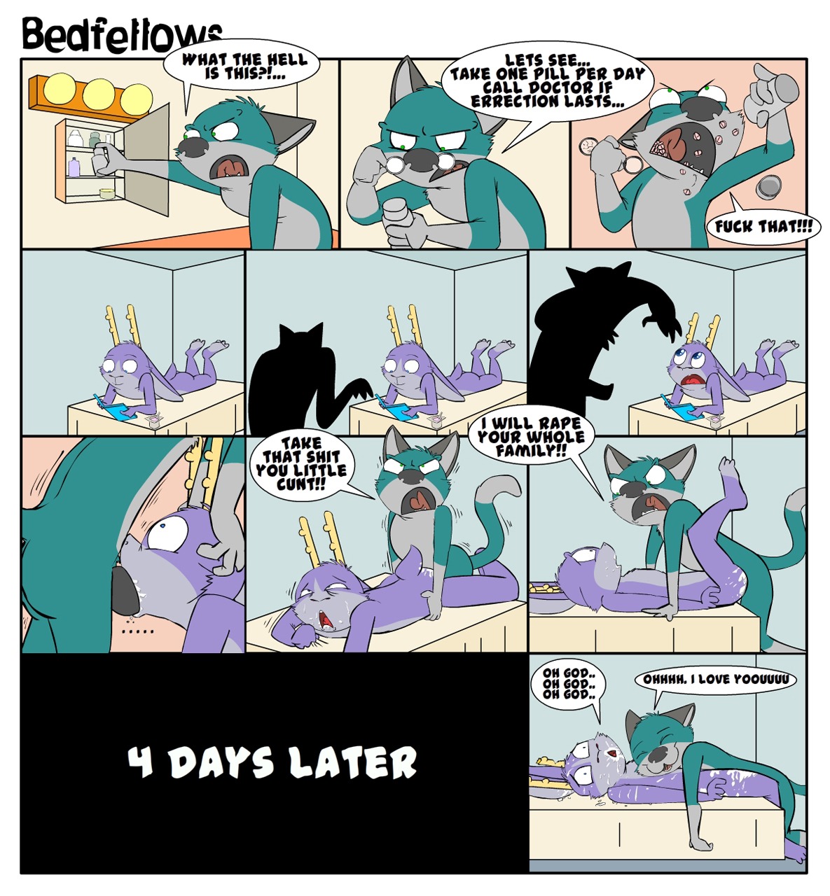 :3 all_fours anal anal_penetration angry angry_sex anthro antlers arm_support arms_bent bedfellows bent_leg bent_legs black_penis bodily_fluids border butt calves_up canid canine canis comic crazed cuddling cum cum_covered cum_everywhere cum_in_ass cum_in_mouth cum_inside cum_on_butt cumshot d:< dairy_products dialogue digital_media_(artwork) dirty_talk doggystyle domestic_cat domestic_dog drugs duo e621 ejaculation english_text erection extended_arms face_fucking fatigue_(bedfellows) felid feline felis fellatio food forced forced_oral forward_arm_support from_behind_position from_front_position fucked_silly fur furniture genital_fluids genitals grey_body grey_fur hand_on_head hands_on_another's_head head_grab hi_res horn humor hybrid i_love_you irrumatio jackalope knot lagomorph love lying male male/male male_penetrated male_penetrating male_penetrating_male mammal messy motion_lines motion_outline multiple_positions multiple_scenes nude number omg on_back on_front on_table oral oral_penetration orgasm penetration penile penile_penetration penis penis_in_mouth pills platform_sex profanity purple_body purple_fur raised_arm raised_calf raised_hand raised_leg raised_shoulders rape reading relaxing repeated_dialogue repeated_text reverse_table_lotus_position scared scarred_for_life sex sheen_(bedfellows) shenanigans speech_bubble table table_lotus_position tail talking_to_another talking_to_partner text threatening time_lapse tongue traumatized two-handed_face_fucking viagra what white_border why yogurt