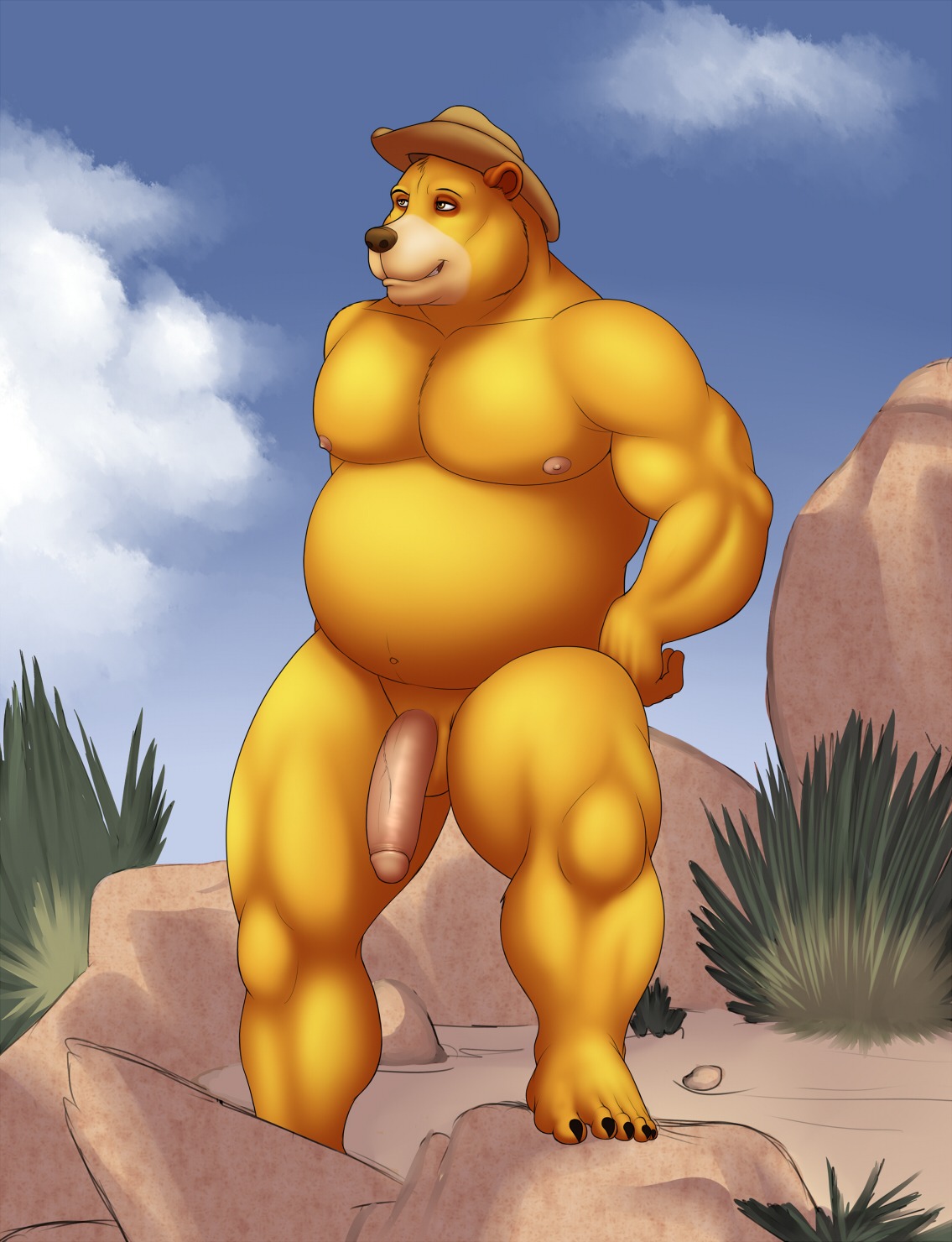 2013 5_toes anthro balls bear belly biceps big_muscles big_penis biped brown_clothing brown_eyes brown_headwear brown_nose clothing cloud cowboy_hat e621 feet fur genitals half-erect hat hat_only headgear headgear_only headwear headwear_only hi_res long_penis male mammal mostly_nude musclegut muscular muscular_anthro muscular_male orange_body orange_fur outside overweight overweight_anthro overweight_male penis rock sky smile solo standing toes vamplust vein