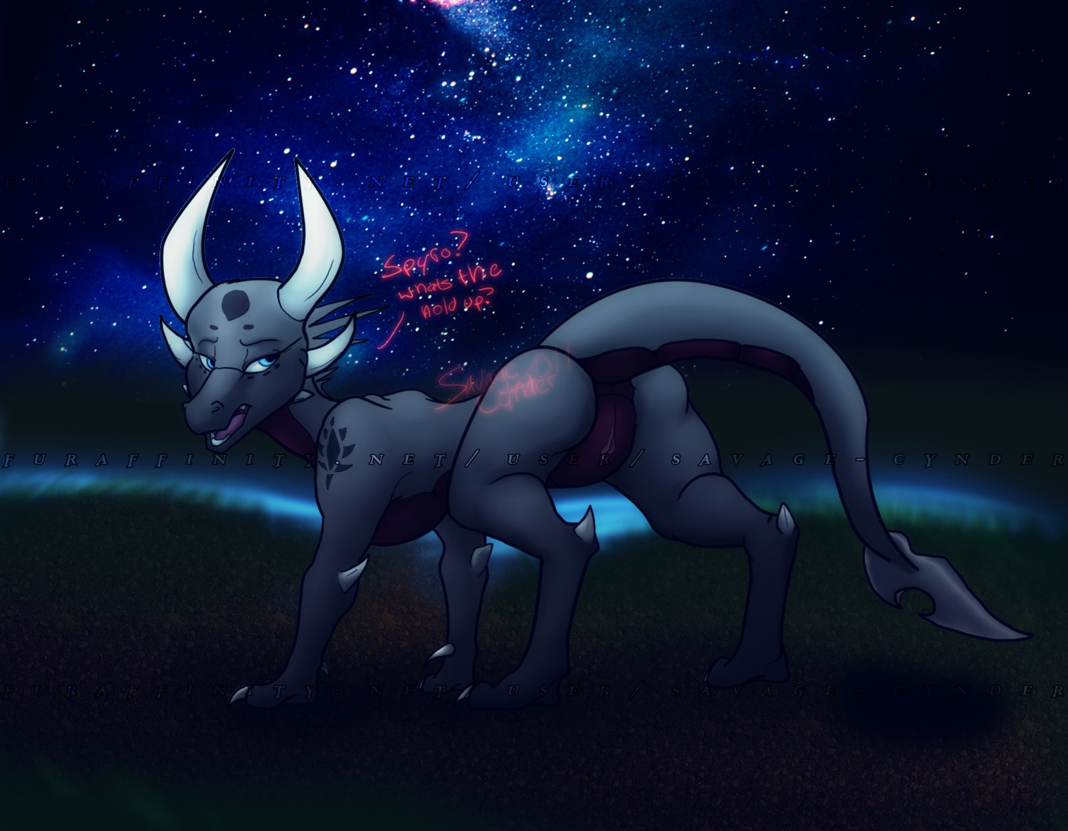 annoying_watermark cynder cynder-the-dragon dragon english_text female feral horns markings presenting pussy rule34 savage-cynder scalie solo spyro spyro_the_dragon text
