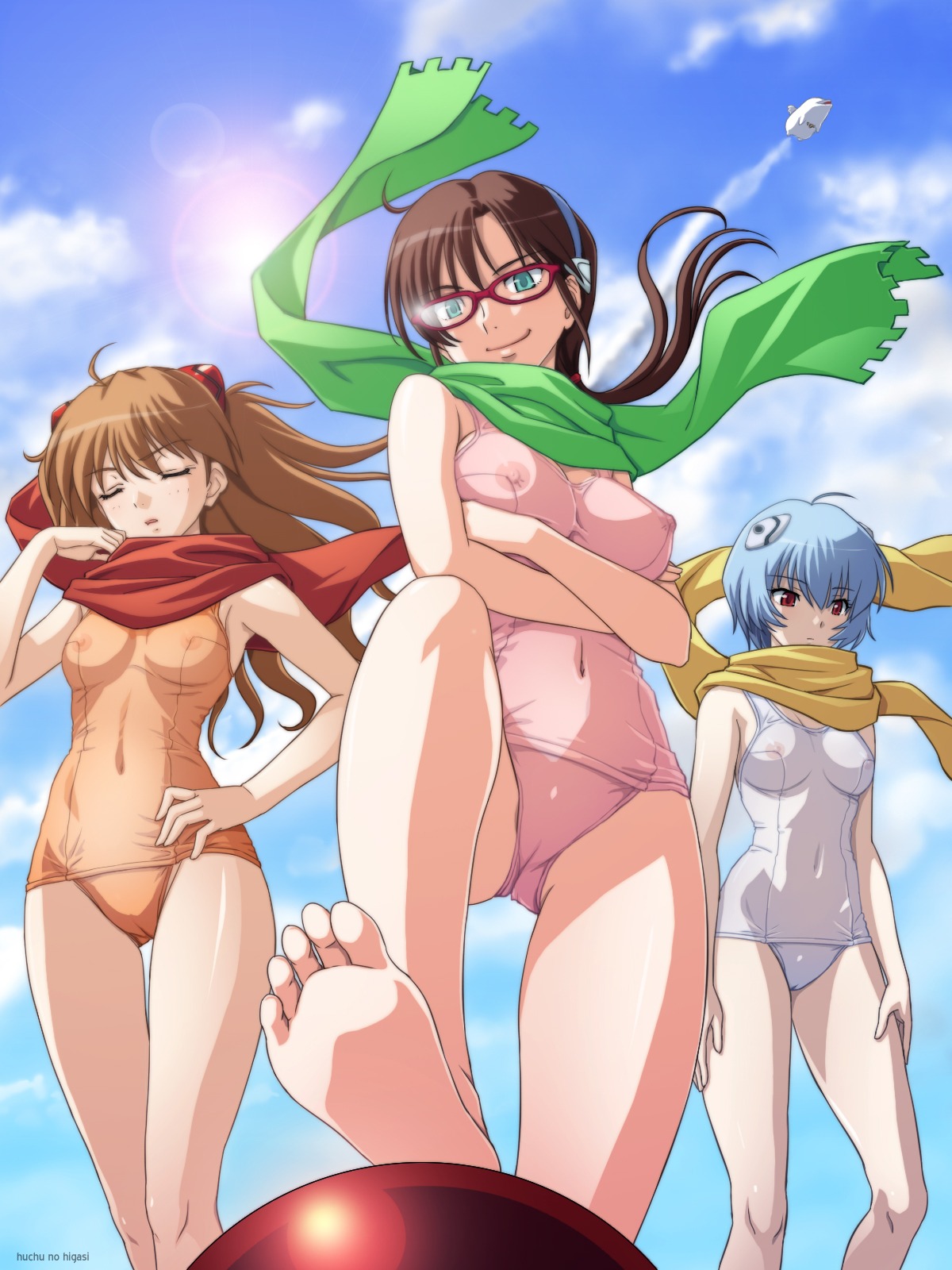 2girls asuka_langley_sohryu blue_hair breasts brown_hair cameltoe female glasses green_eyes light-skinned_female light_skin long_hair mari_illustrious_makinami medium_breasts multiple_females multiple_girls navel neon_genesis_evangelion nipples nipples_visible_through_clothing one-piece_swimsuit pale-skinned_female pale_skin pussy pussy_visible_through_clothes rebuild_of_evangelion red_eyes red_hair redhead rei_ayanami rule34 scarf see-through see-through_swimsuit short_hair sky small_breasts sun sunlight swimsuit tagme