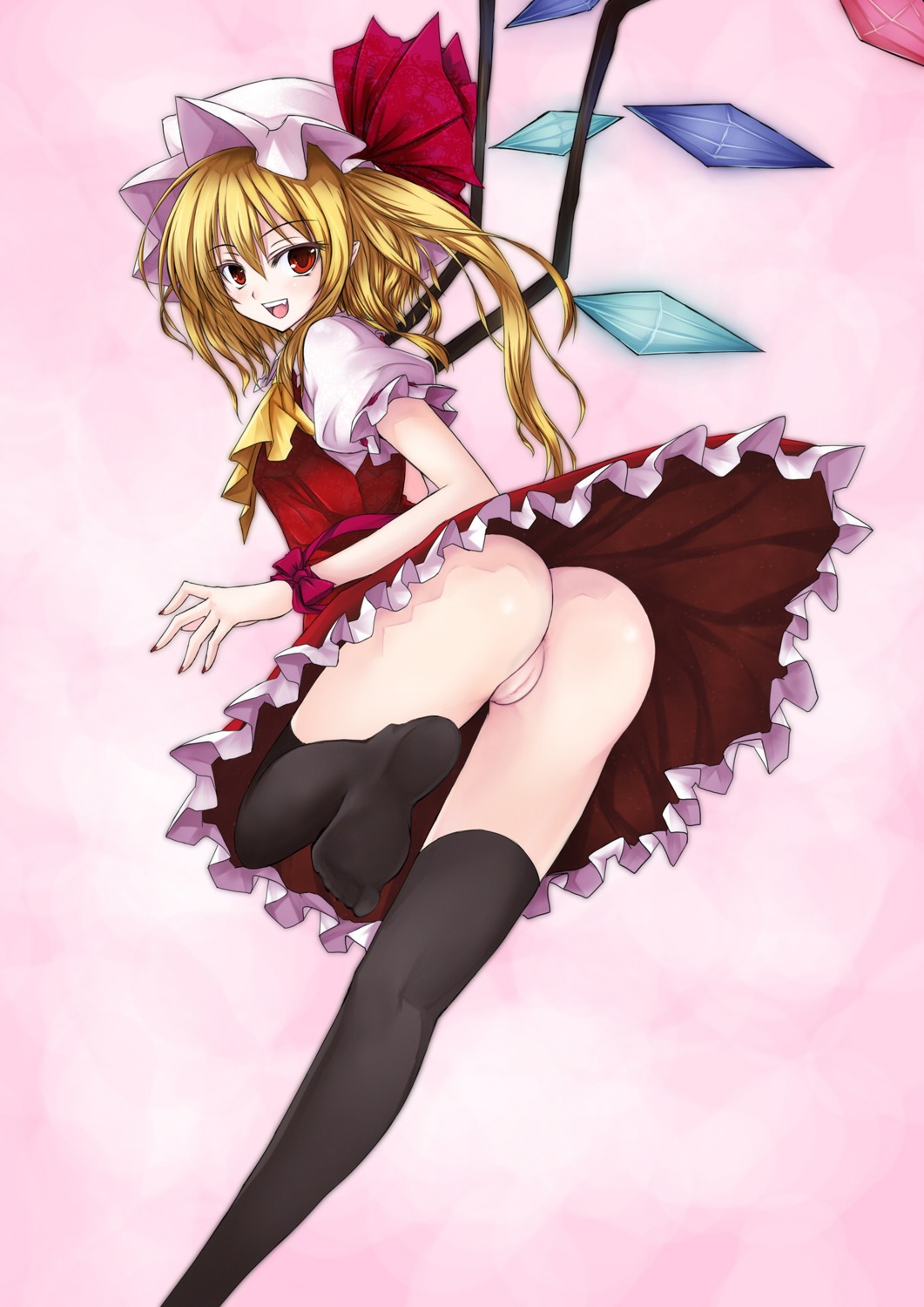 black_legwear black_thighhighs blonde_hair fangs feet female flandre_scarlet hat highres legs looking_at_viewer looking_back nail_polish no_panties pointless_censoring pointy_ears ponytail pussy red_eyes rule34 running short_hair side_ponytail smile teenager thighhighs tied_hair touhou uncensored utakata_(0824) wings wrist_ribbon