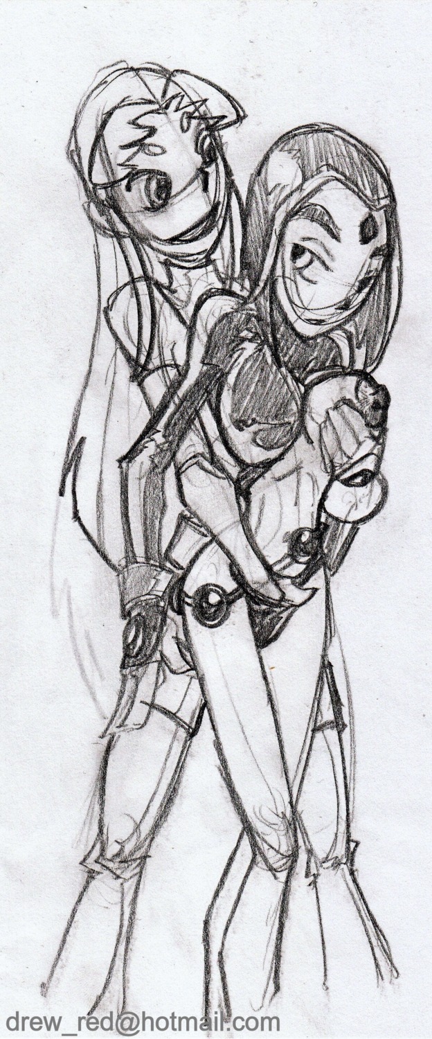 2girls dc dc_comics female female_only monochrome multiple_females multiple_girls raven_(dc) reddrew rule34 sketch smooth_skin starfire teen_titans