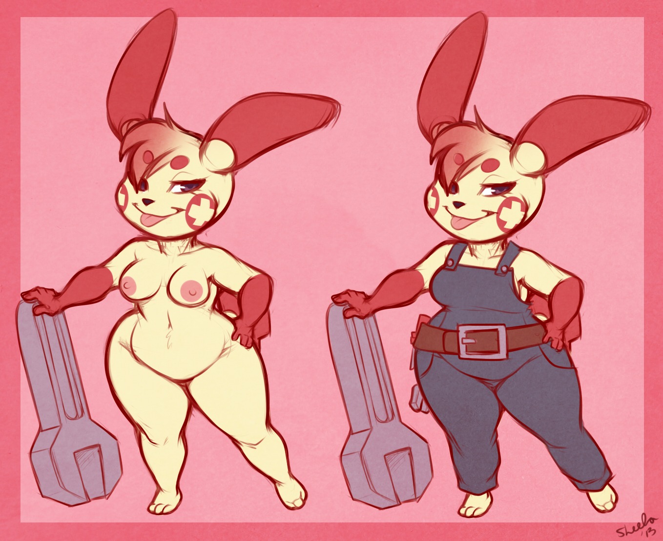 2013 anthro areola breasts e621 erect_nipples female generation_3_pokemon genitals navel nintendo nipples nude off/on plusle pokemon pokemon_(species) slightly_chubby smile solo sweetcreamfizz tools vulva wide_hips wrench