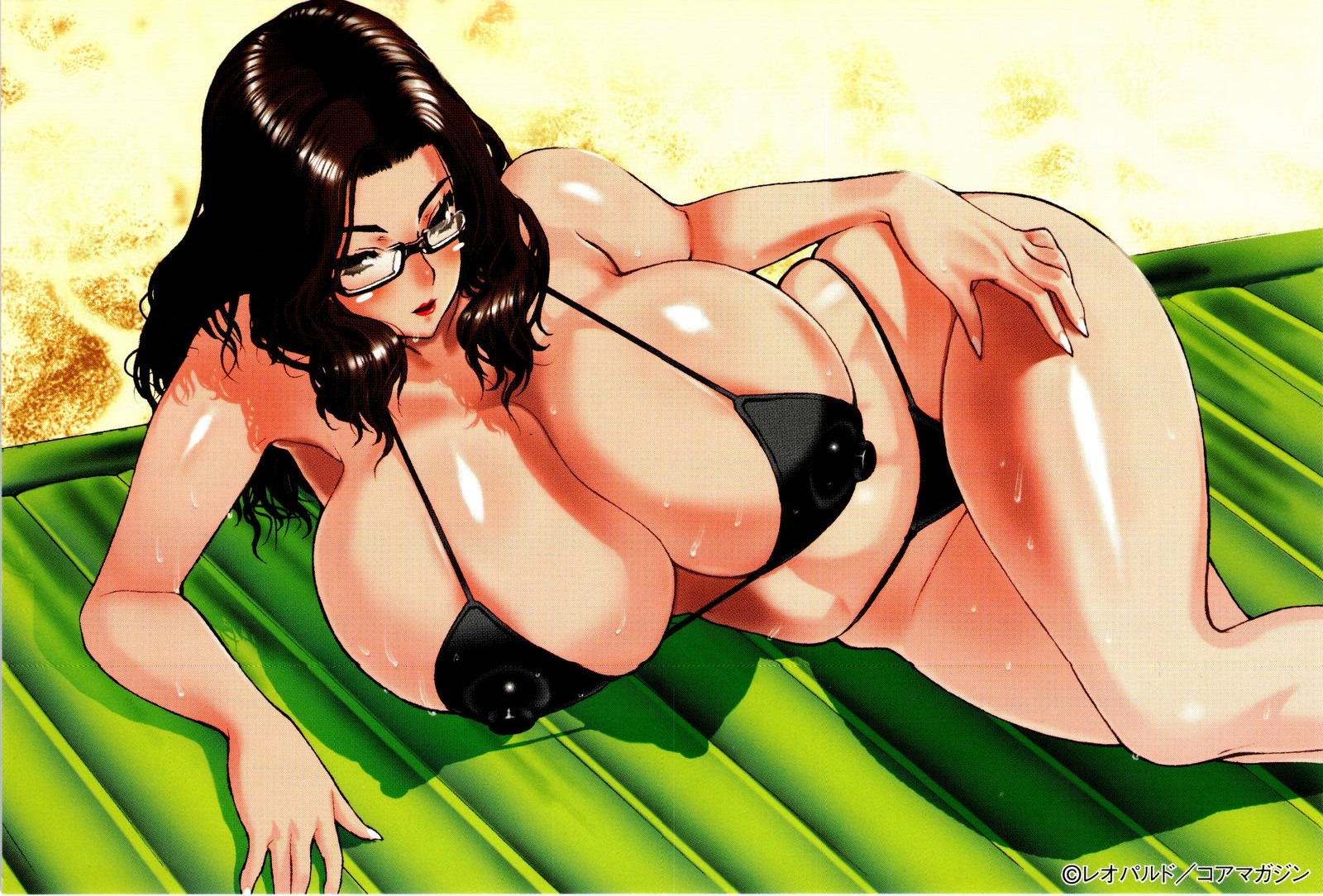 artist_request bikini blush breasts brown_hair female glasses highres hips huge_breasts lipstick red_lipstick rule34 swimsuit thick_thighs thighs wide_hips
