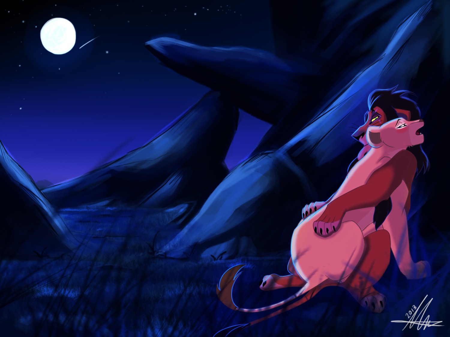 2013 4:3 blush dark_theme disney dksk30 duo e621 felid female female_penetrated feral grass green_eyes hair hi_res lion male male/female male_penetrating male_penetrating_female mammal moon nala_(the_lion_king) night open_mouth outside pantherine penetration plant scar scar_(the_lion_king) sex shooting_star sky star starry_sky the_lion_king tongue