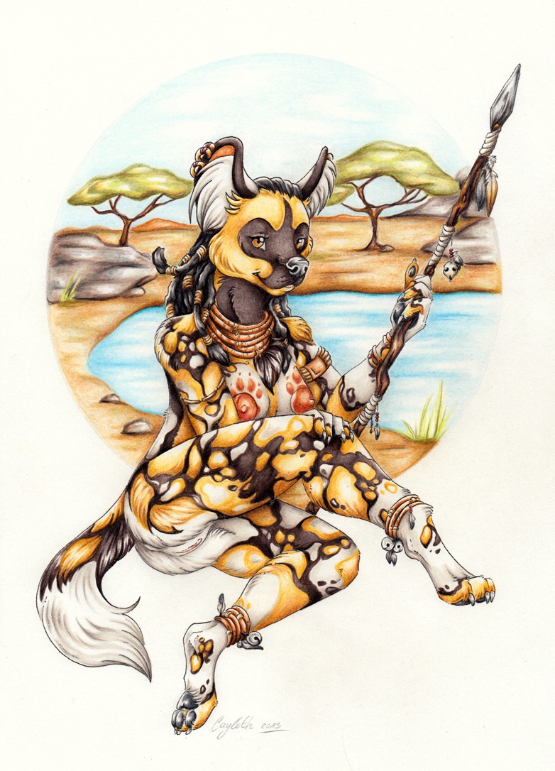 african african_wild_dog big_ears breasts brown_eyes canid canine cayleth claws dreadlocks e621 female fluffy genitals inner_ear_fluff mammal melee_weapon nipples pawpads paws polearm scenario sitting solo spear traditional_media_(artwork) tuft vulva water waterhole weapon