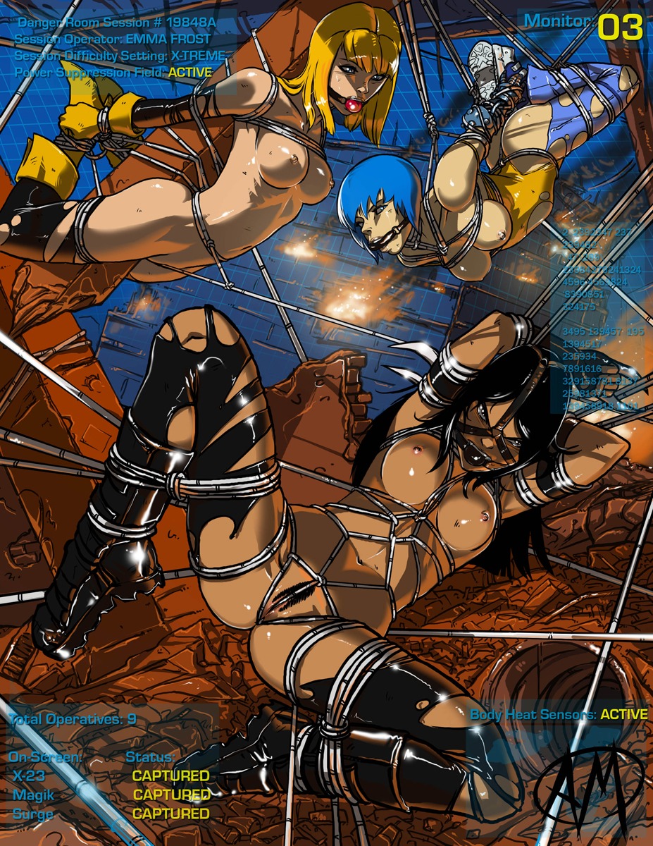 arms_behind_back ball_gag bit_gag bondage breasts female femsub gag gagged ganassa gauntlets laura_kinney magik_(illyana_rasputin) marvel marvel_comics multiple_females multiple_girls multiple_subs nipples noriko_ashida pussy rope rule34 surge_(x-men) suspension tied x-23 x-men