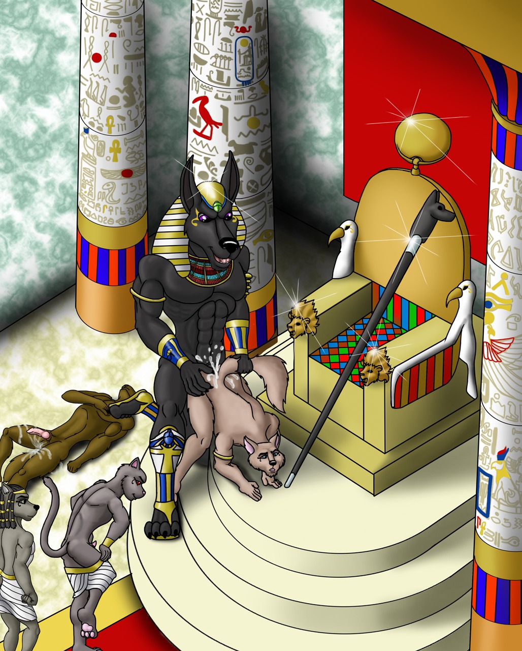 anal anal_penetration anal_sex anubis ass cobra_mcjingleballs cum egyptian_mythology feline gay lineup lupine male male_only rule34 tagme throne wolf
