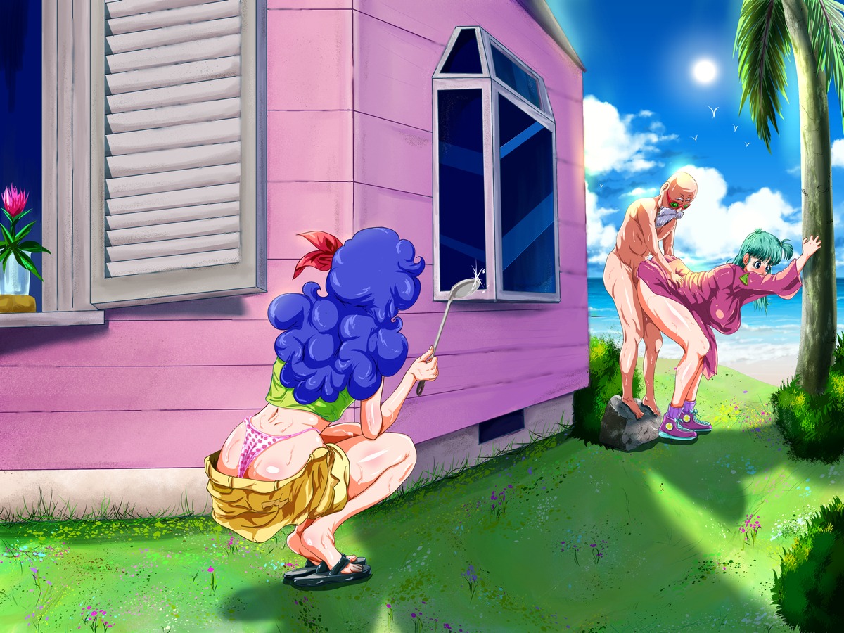 1boy 2girls against_tree bald beach beard blue_hair blush bow breasts bulma_briefs caterwaul censored cuckquean curly_hair curtains cushion dragon_ball dragon_ball_(classic) eavesdropping embarrassed female good_launch green_hair house human indoors island kame_house large_breasts launch long_hair male master_roshi nipples nude old_male outdoors panties rule34 sandals sea sex shorts spying squatting sun sunglasses sweat tree watching