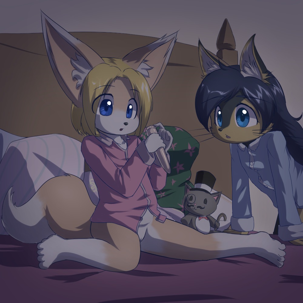 1:1 anthro bed big_ears black_hair blonde_hair blue_eyes bottomless cane canid canine canis cheryl_muldoon claire_esterbrook classy clothed clothing curious delicious_(artist) digital_media_(artwork) dildo domestic_dog duo e621 eyewear female fox furniture genitals hair hat headgear headwear inside loli mammal monocle open_mouth plushie sex_toy shaded tail top_hat vibrator vulva young young_anthro