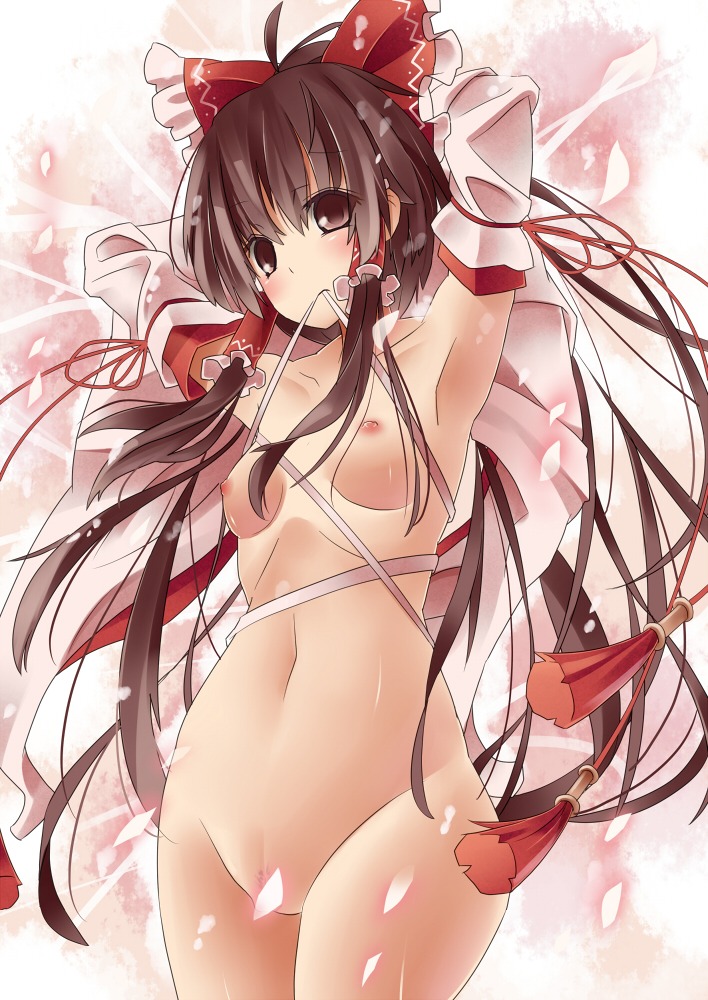 armpits arms_behind_head arms_raised bow breasts brown_hair censored cherry_blossoms cherry_petals convenient_censoring detached_sleeves female female_only hairbow human long_hair mikan_(bananoha) mouth_hold nude reimu_hakurei rule34 solo straight_hair touhou
