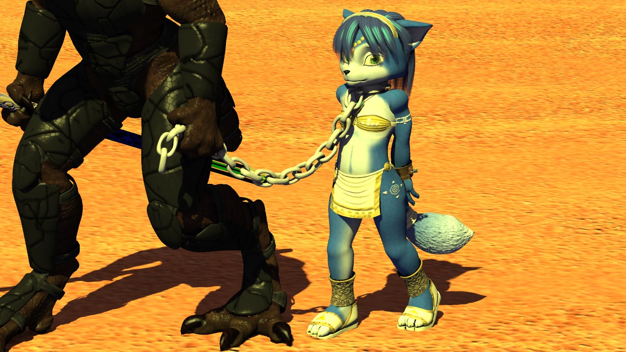 16:9 3d_(artwork) anthro blue_body blue_fur blue_hair canid canine chain charleyfox_(modeler) clothing collar digital_media_(artwork) dinosaur dromaeosaurid duo e621 female flat_chested fox fur fursat hair krystal_(charleyfox) krystal_(star_fox) mammal nintendo prehistoric_species reptile saurischian scalie sharpclaw_(star_fox) star_fox tail theropod velociraptor white_body white_fur widescreen young young_anthro
