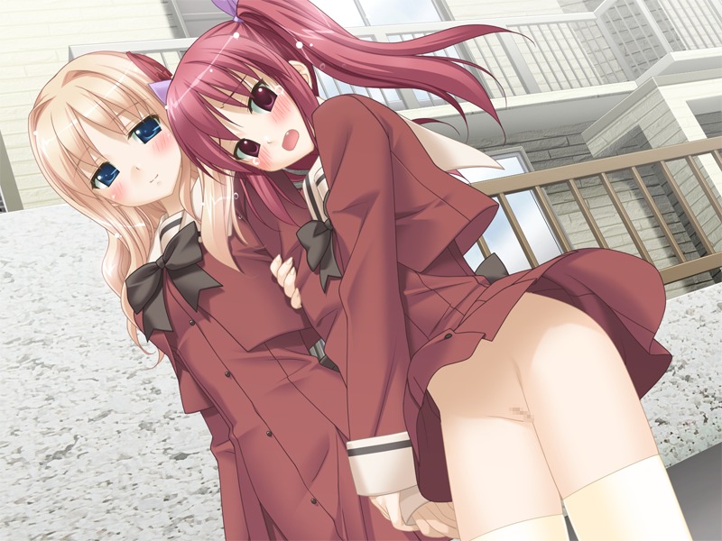 2girls blonde_hair blue_eyes blush censored dutch_angle exhibitionism female female_only game_cg humiliation looking_at_viewer matsubara_yuuna multiple_females multiple_girls no_panties oda_nanami outdoors outside peko pussy red_eyes red_hair rule34 sono_hanabira_ni_kuchizuke_wo thighhighs voyeurism wardrobe_malfunction wind_lift yuri