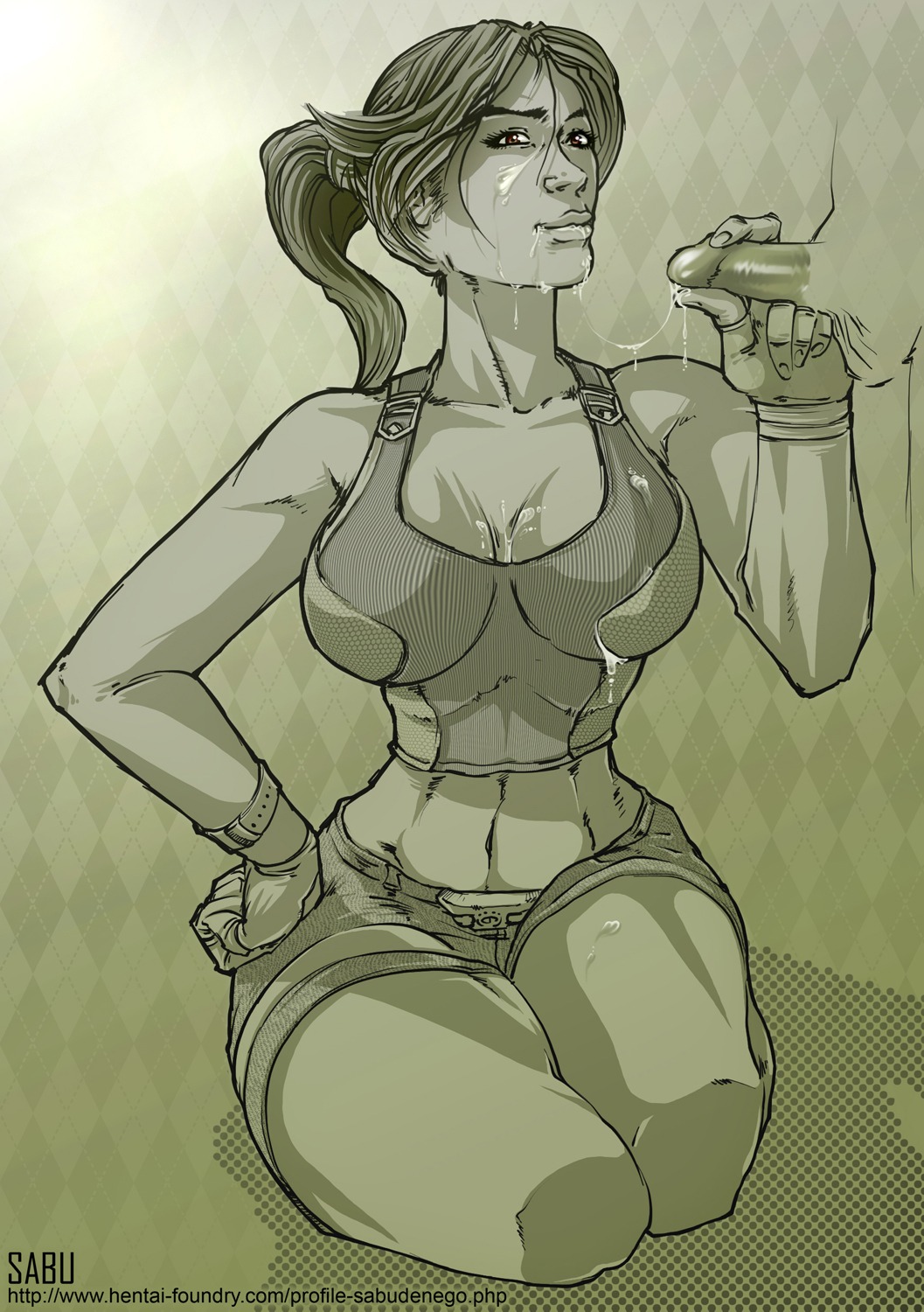 breasts cleavage clothed clothed_female cum cum_on_breasts cum_on_face cum_on_upper_body female fingerless_gloves hand_holding handjob hourglass_figure human kneeling lara_croft lara_croft_(l.a.u.) male monochrome navel penis ponytail rule34 sabudenego short_shorts solo tagme tanktop tomb_raider tomb_raider_(l.a.u.)
