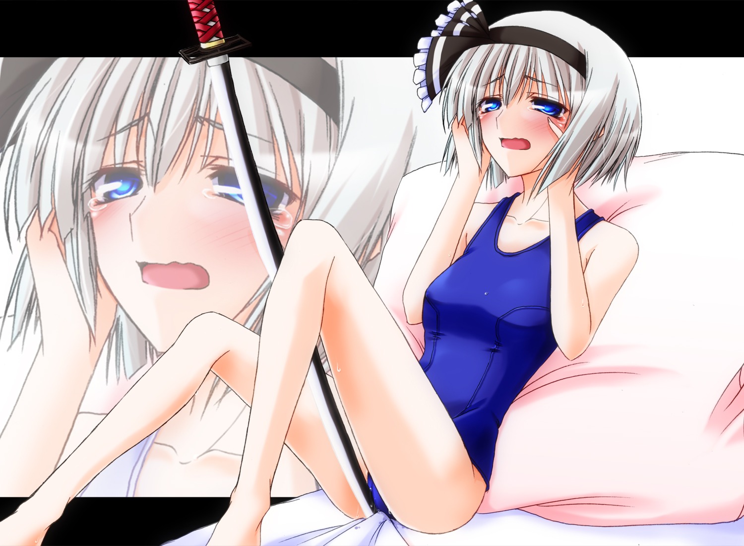 female hairband hazuki_rui katana one-piece_swimsuit pussy pussy_juice rule34 school_swimsuit short_hair silver_hair swimsuit sword touhou weapon youmu_konpaku zoom_layer