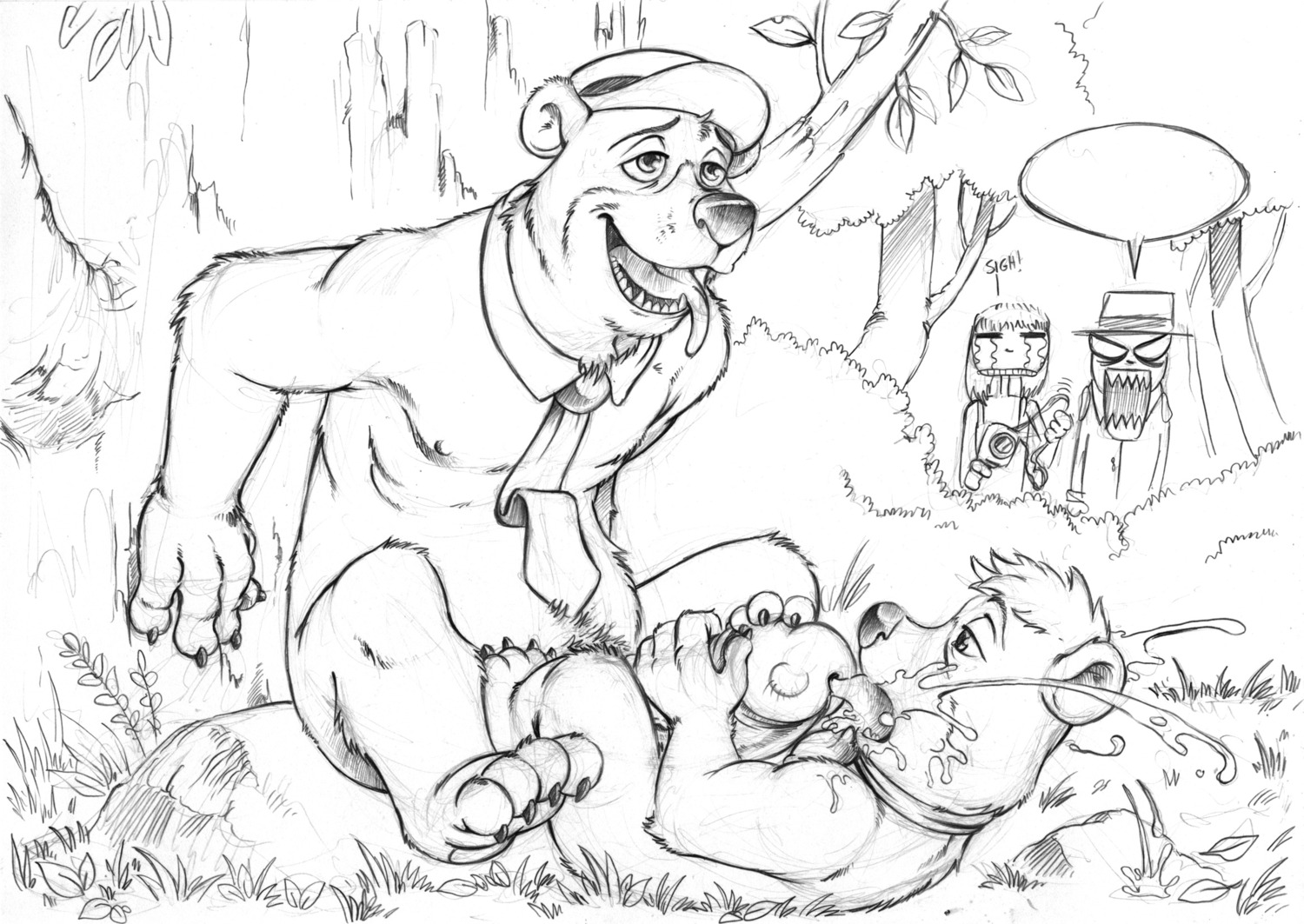 accessory anthro bear being_watched bodily_fluids boo-boo_bear camera caught_in_the_act clothing cum cum_in_mouth cum_inside duo e621 erection fellatio forest furryrevolution genital_fluids genitals hanna-barbera hat headgear headwear hi_res human humanoid_genitalia humanoid_penis larger_male looking_at_another male male/male male_penetrated male_penetrating male_penetrating_male mammal monochrome necktie oral outside penetration penile penis plant pork_pie_hat sex size_difference smaller_male tongue tongue_out tree yogi_bear yogi_bear_(character)