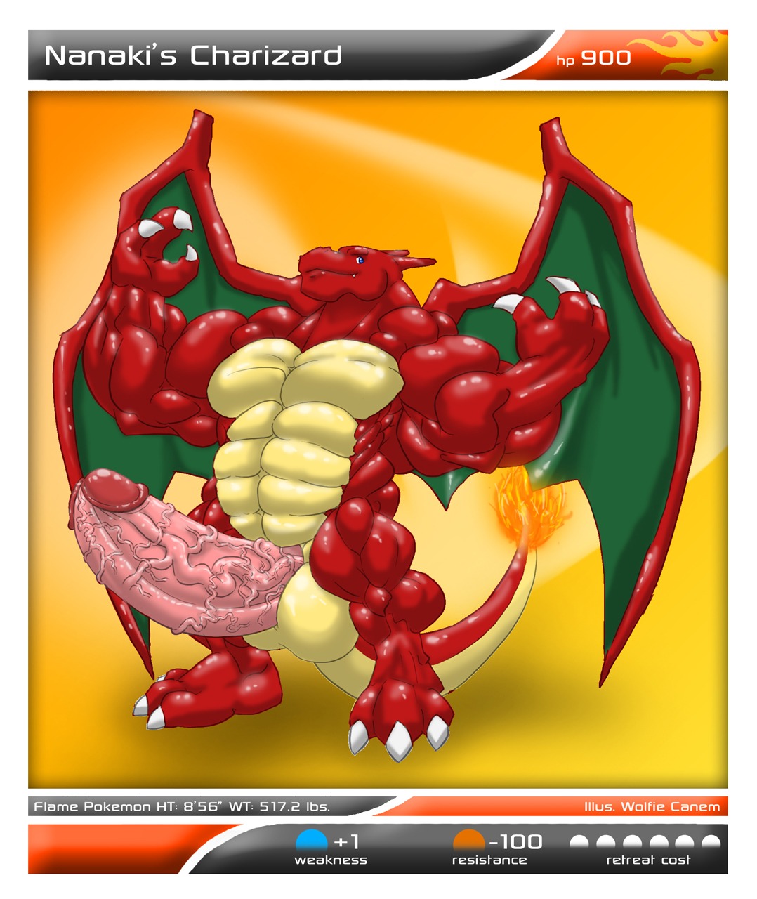 2010 abs anthro balls belly big_muscles border charizard dragon e621 english_text erection fire flaming_tail flexing generation_1_pokemon genitals hi_res huge_muscles humanoid_genitalia humanoid_penis hyper hyper_muscles male membrane_(anatomy) membranous_wings muscular muscular_anthro muscular_male mythological_creature mythological_scalie mythology nanaki nintendo non-mammal_balls nude overweight overweight_anthro overweight_male pecs penis pokemon pokemon_(species) scalie solo tail text vein white_border wings wolfiecanem