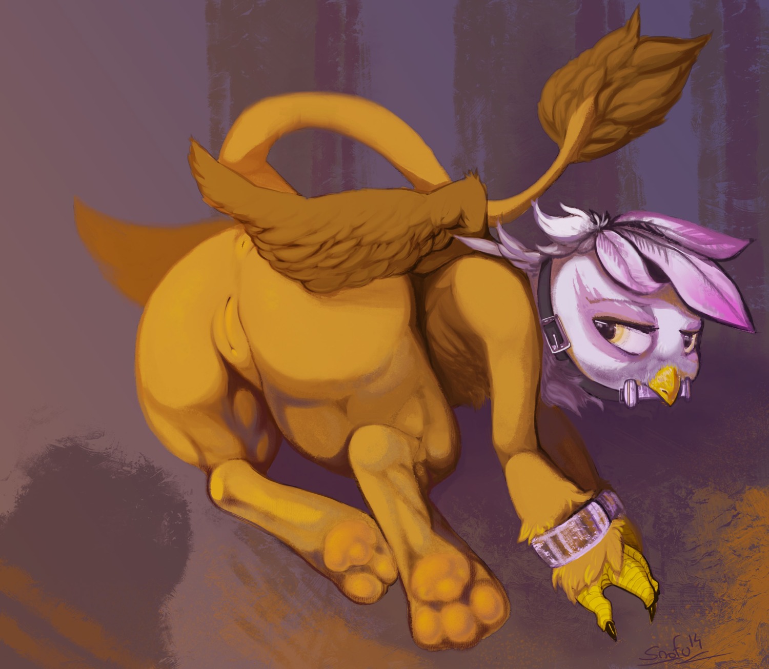 2014 absurd_res anus avian bdsm beak bit_gag bondage bound brown_body brown_feathers butt claws collar digital_media_(artwork) e621 eyelashes feathered_wings feathers feet female feral friendship_is_magic fur gag genitals gilda_(mlp) gryphon half-closed_eyes hasbro hi_res looking_back lying my_little_pony mythological_avian mythological_creature mythology narrowed_eyes object_in_mouth on_ground on_side presenting presenting_hindquarters presenting_vulva purple_body purple_feathers snofu solo submissive submissive_female submissive_feral tail vulva white_body white_feathers wings