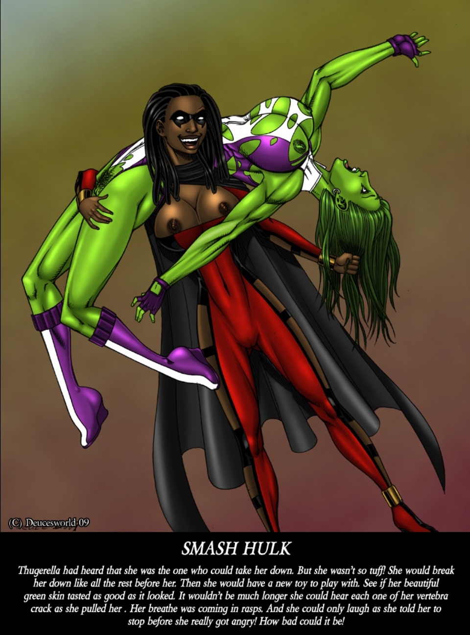 2009 2girls dark-skinned_female dark_skin defeated_heroine deuce deuceworld english_text female female_only green-skinned_female green_skin hulk_(series) human marvel marvel_comics multiple_females multiple_girls rule34 she-hulk thugerella