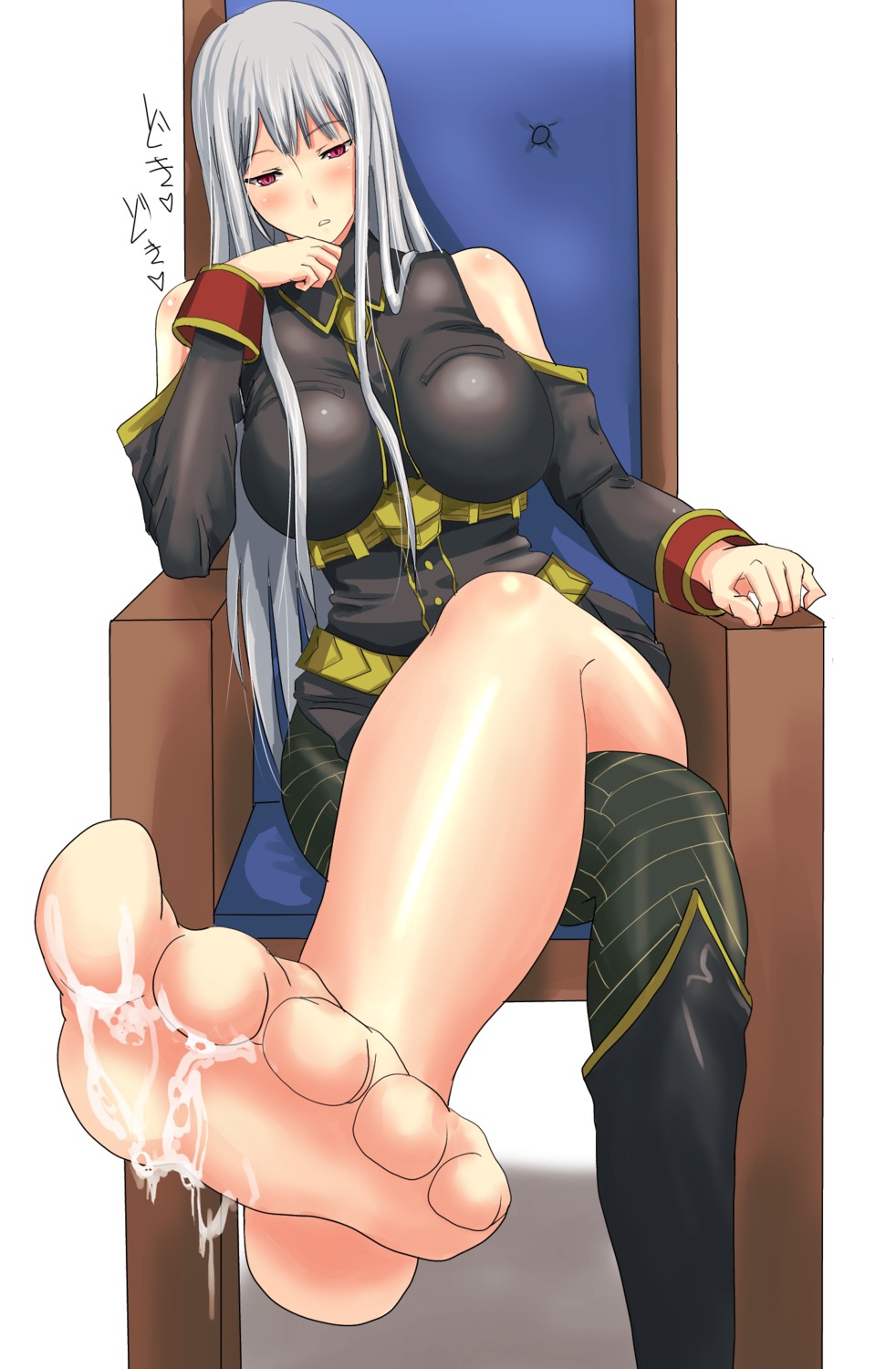 1girls bare_shoulders barefoot big_breasts blush breasts chair clothing crossed_legs cum cum_on_body cum_on_feet cum_on_lower_body feet female foot_fetish footjob grey_hair highres large_breasts long_hair military military_uniform pov_feet red_eyes rule34 selvaria_bles silver_hair sitting soles solo toes uniform valkyria_chronicles valkyria_chronicles_1