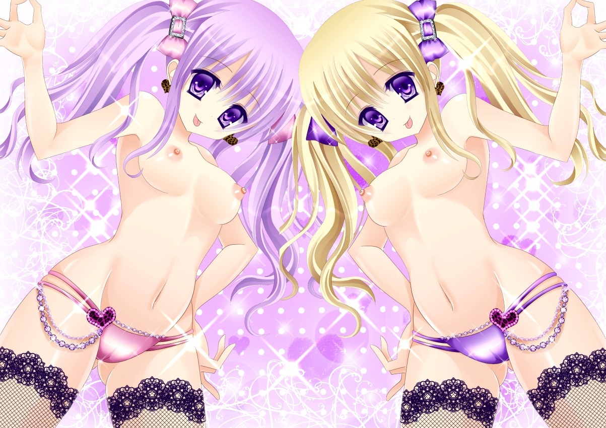 2girls breasts female hair_ornament huge_eyes multiple_females multiple_girls navel nipples panties purple_eyes rule34 smile thighhighs tied_hair tongue topless twintails underwear