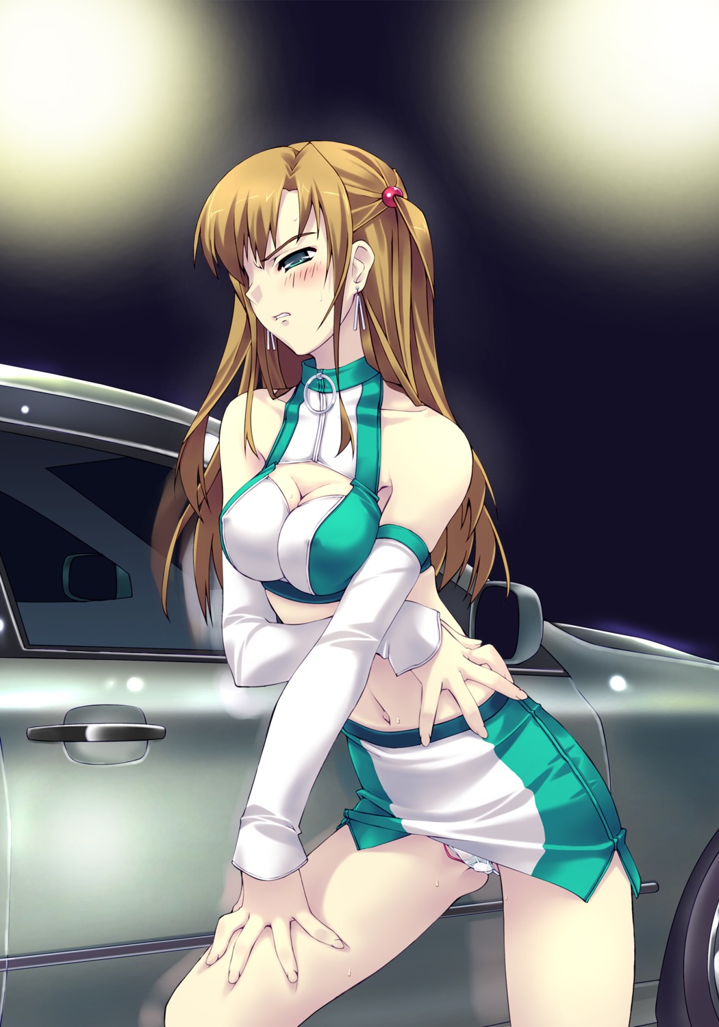 1girls brown_hair car cleavage_cutout detached_sleeves earrings elbow_gloves erect_nipples f-ism female female_focus female_human female_only gloves green_eyes hair_bobbles hair_ornament halter halterneck highres human human_female human_focus human_only jewelry leaning_forward long_hair midriff miniskirt motor_vehicle murakami_suigun navel nipples original panties pantyshot pantyshot_(standing) race_queen rule34 skirt solo solo_female solo_focus standing underwear vehicle vibrator vibrator_under_panties white_panties