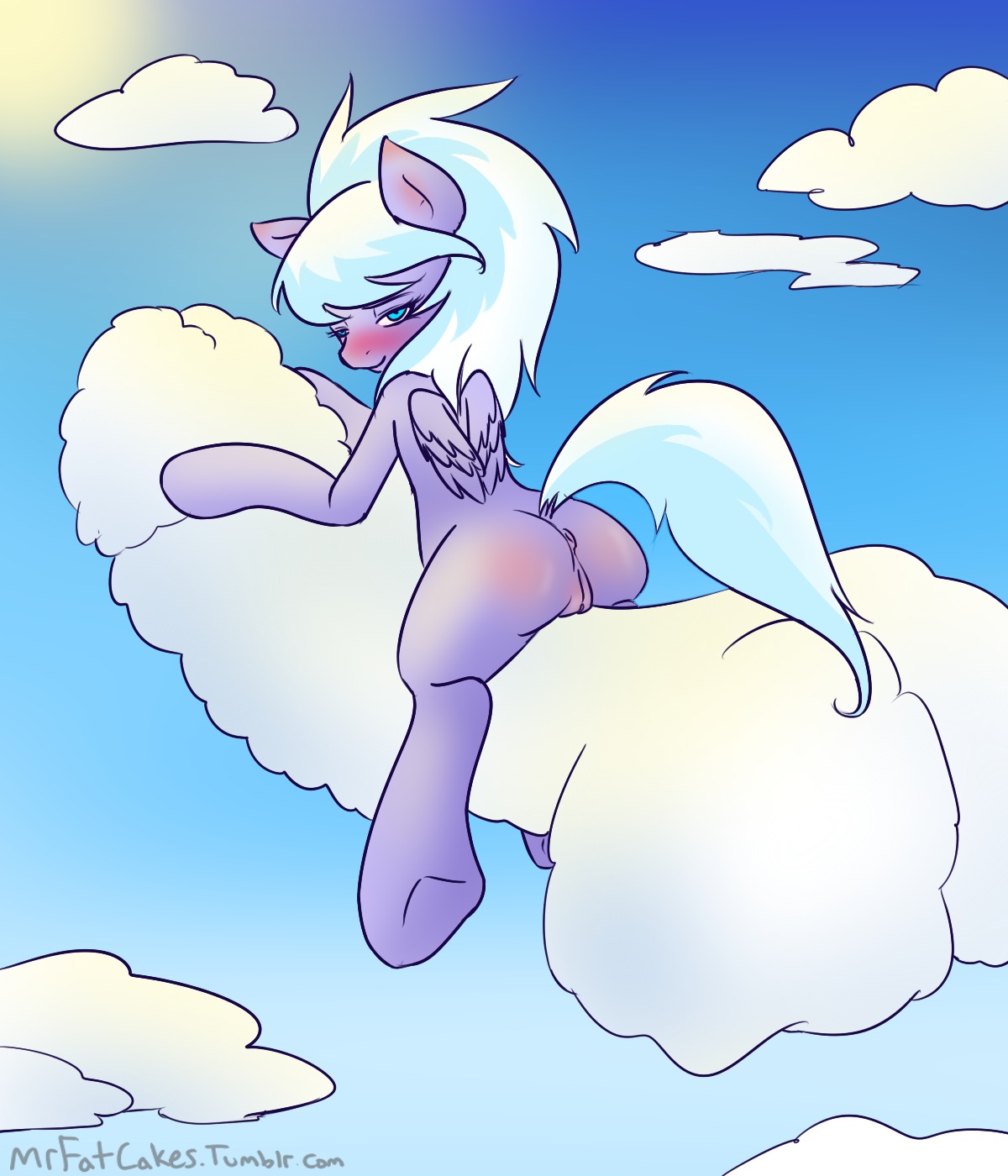 2012 anus blue_body blue_eyes blue_feathers blush butt cloud cloud_chaser_(mlp) e621 equid equine feathered_wings feathers female feral friendship_is_magic genitals hair hasbro hi_res looking_at_viewer looking_back mammal mrfatcakes multicolored_hair my_little_pony mythological_creature mythological_equine mythology outside pegasus penis_cloud purple_body purple_feathers sky skyscape solo tail text two_tone_hair url vulva wings