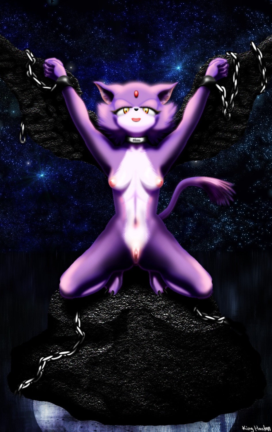 anthro anus bdsm blaze_the_cat bondage bound breasts chain chained claws collar cuff_(restraint) domestic_cat e621 exposed feet felid feline felis female genitals hi_res hindpaw king_hauken kinghauken light looking_at_viewer mammal moonlight night nipples nude paws restrained restraints rock sea sega shackles sky smile solo sonic_the_hedgehog_(series) spread_legs spreading star starry_sky submissive submissive_female tail vulva water