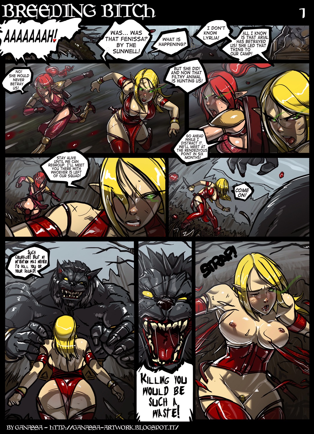 anthro blizzard_entertainment blood_elf breasts canid comic e621 elf english_text female ganassa genitals group hi_res humanoid imminent_rape imminent_sex male mammal nude text vulva warcraft werecanid werecreature worgen