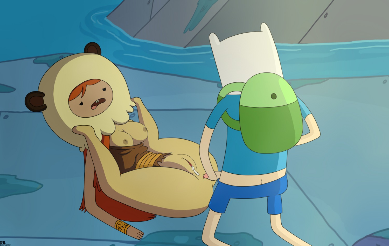 2012 adventure_time after_vaginal anus backpack bag blonde_hair bodily_fluids bottomless bpq00x breasts breasts_out celina_(adventure_time) clothing cum cum_in_pussy cum_inside duo female finn_the_human human humanoid hyooman_tribe imminent_anal male pale_skin penetration penis pussy rule34 vulva