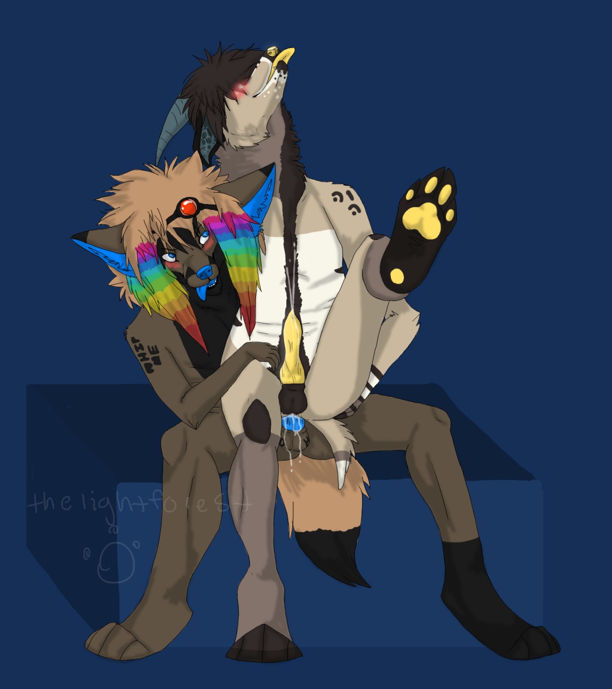 alternative_fashion anal anal_penetration animal_genitalia animal_penis anthro anthro_on_anthro anus balls basillicus blue_background blush bodily_fluids butt canid canine canine_genitalia canine_penis canis coontail_hair cum dipstick_tail domestic_dog duo e621 eyes_closed genital_fluids genitals hi_res knot male male/male mammal markings paws penetration penis scene_(fashion) scene_haircut sheath simple_background sparklefur tail tail_markings tongue vladameir