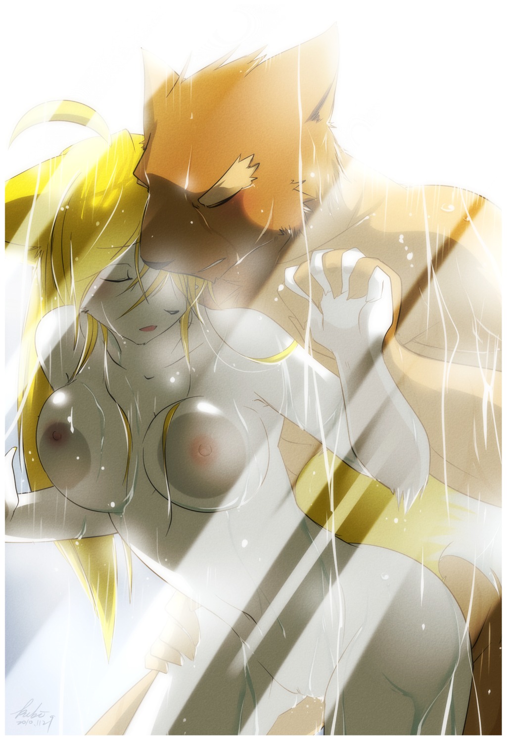 against_surface anthro bent_over blush breast_squish breasts breasts_on_glass canid canine canis domestic_dog duo e621 eyes_closed female fox from_behind_position hand_holding hi_res kubikitsune kubikitsune_(character) male male/female mammal nipples nude on_glass rudolf_(kubikitsune) sex shower simple_background soft_focus squish standing water wet white_background