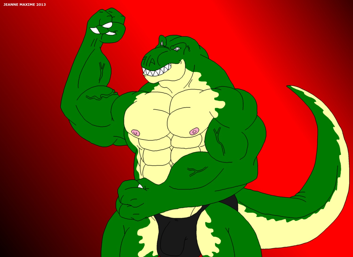 2013 abs anthro athletic biceps big_muscles biped bulge claws clothed clothing dinosaur e621 fangs flexing green_body green_skin grey_eyes hi_res looking_at_viewer male maxime-jeanne muscular muscular_anthro muscular_male nipples panties pecs pose prehistoric_species reptile saurischian scales scalie smile solo speedo standing swimwear tail teeth theropod thomas_carter topless tyrannosaurid tyrannosauroid tyrannosaurus tyrannosaurus_rex underwear vein yellow_body yellow_skin