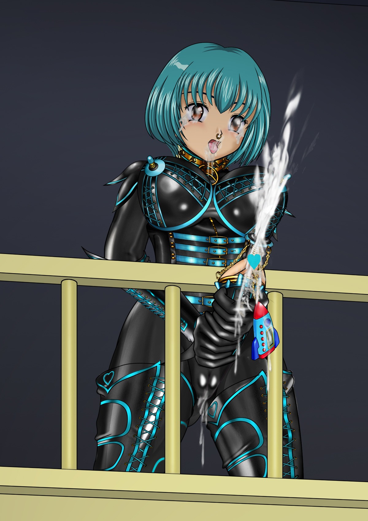 1futa aqua_hair black_bodysuit black_gloves black_legwear black_skinsuit blonde_hair bodysuit brown_eyes cameltoe censored corset cum ejaculation futa_only futa_sans_balls futanari green_eyes highres intersex latex latex_bodysuit latex_clothing latex_felice latex_futa latex_gloves latex_legwear latex_stockings latex_suit latex_thighhighs latex_vagina masturbation orgasm penis piercing pussy rule34 saliva skin_tight skirt solo tear