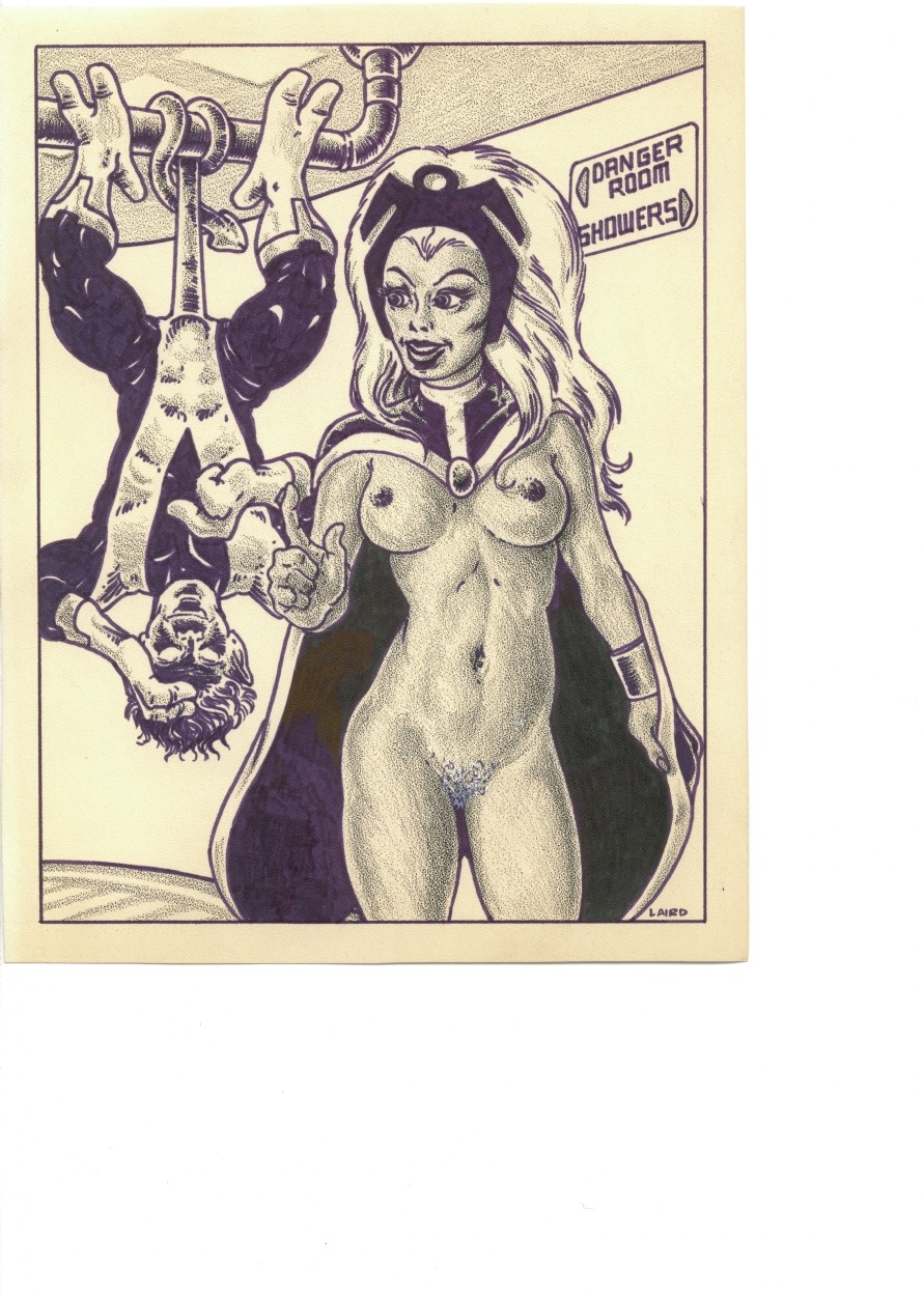 1boy 1girls artist_request bottomless bracelet bracelets breasts cape female kurt_wagner long_hair male male_focus marvel marvel_comics monochrome navel nightcrawler nipples nude ororo_munroe pubic_hair rule34 smile storm_(x-men) tail tiara topless uncensored upside-down x-men