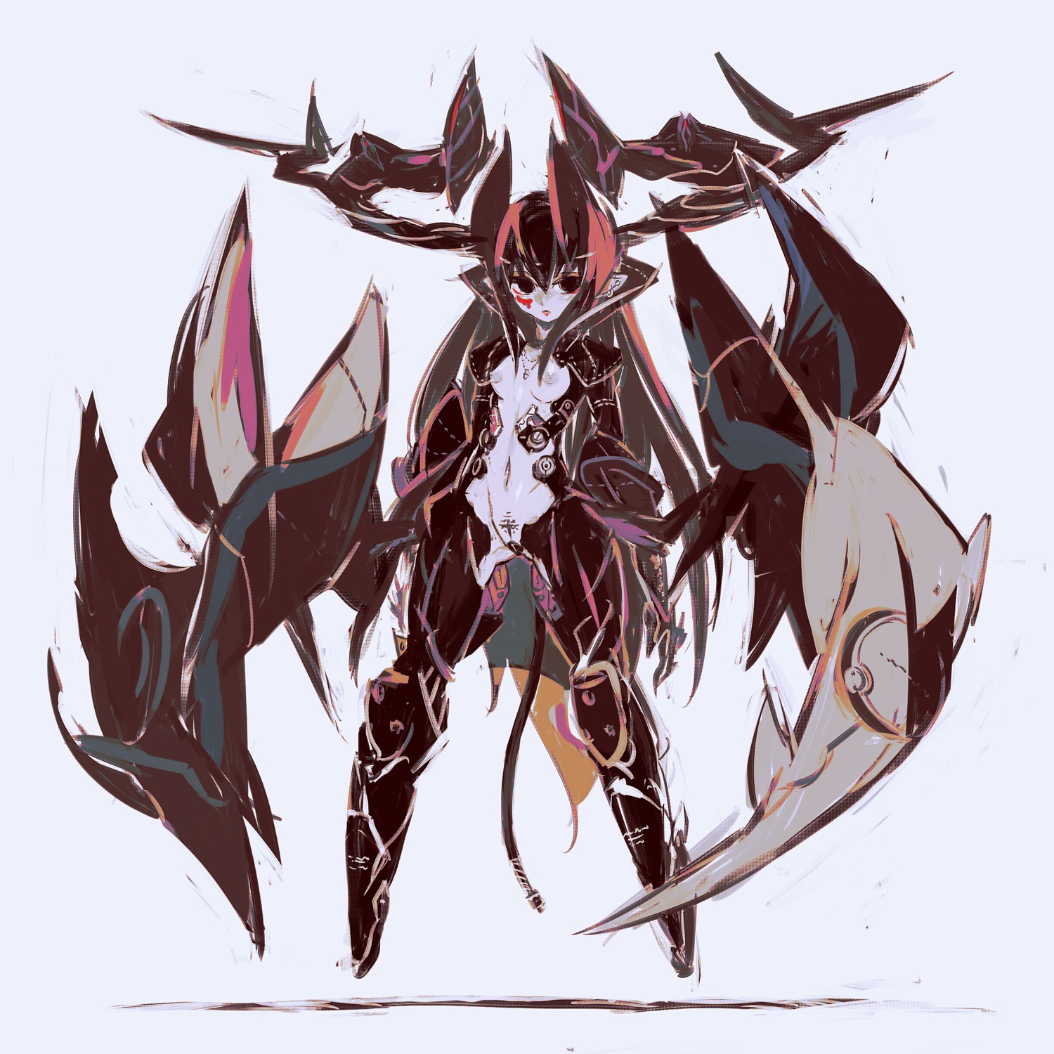 female highres horns jnt mecha_musume navel original pointy_chin rule34 straight_hair tail