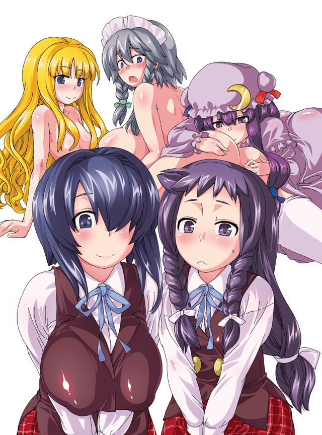 ass ayase_yue blush braid breasts clothing crossover evangeline_a.k._mcdowell female female_only flat_chest hair_over_one_eye huge_breasts human kurorin large_breasts mahou_sensei_negima! miyazaki_nodoka multiple_females multiple_girls nude patchouli_knowledge rule34 sakuya_izayoi school_uniform skirt stockings thighhighs touhou twin_braids vampire yuri