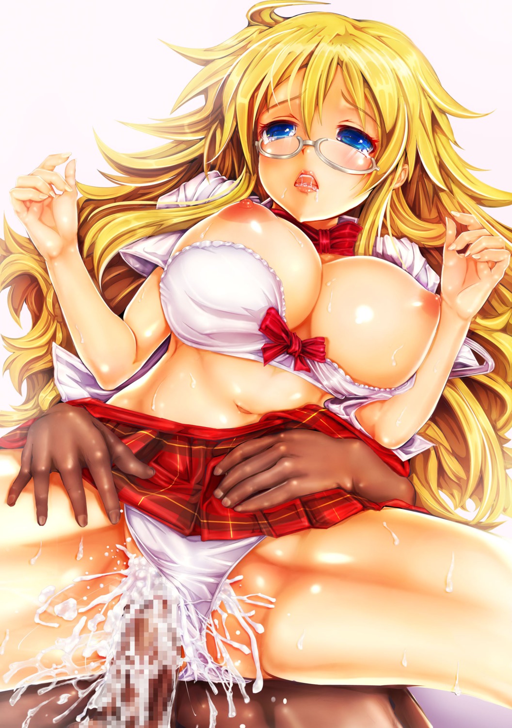 ben-tou blonde_hair blue_eyes bra bra_pull breast_slip breasts censored cum cum_inside female glasses highres interracial large_breasts lingerie long_hair male midriff navel nipples one_breast_out open_mouth panties panties_aside penis pleated_skirt rule34 school_uniform sex shaga_ayame skirt solo teruru underwear