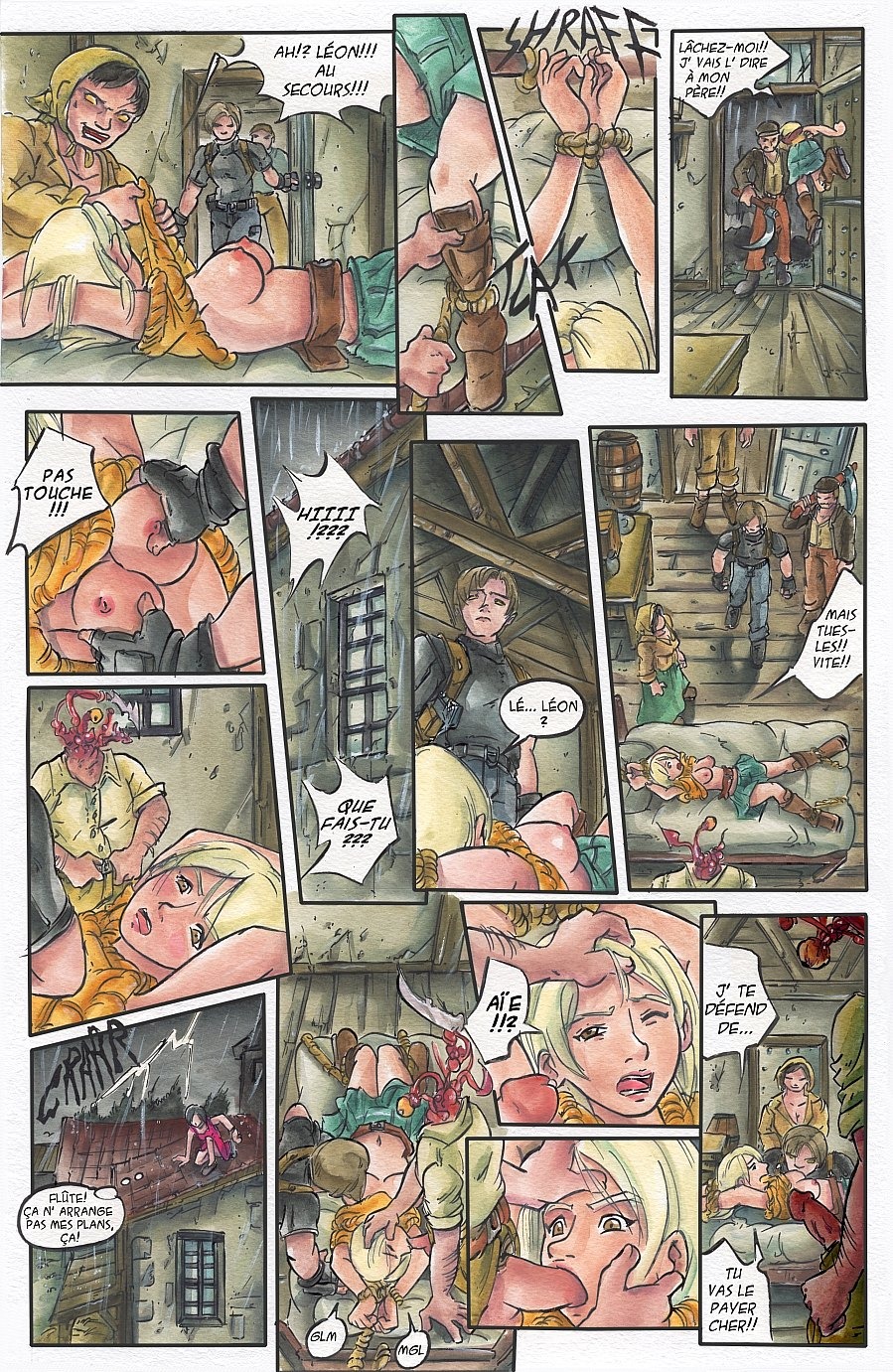 ada_wong ada_wong_(caroline_ribeiro) ashley_graham ashley_graham_(brooke_elizabeth_mathieson) blowjob clothing comic dress fellatio female french_text leon_scott_kennedy male miniskirt orange_hair passage rape resident_evil resident_evil_4 rule34 skirt tagme