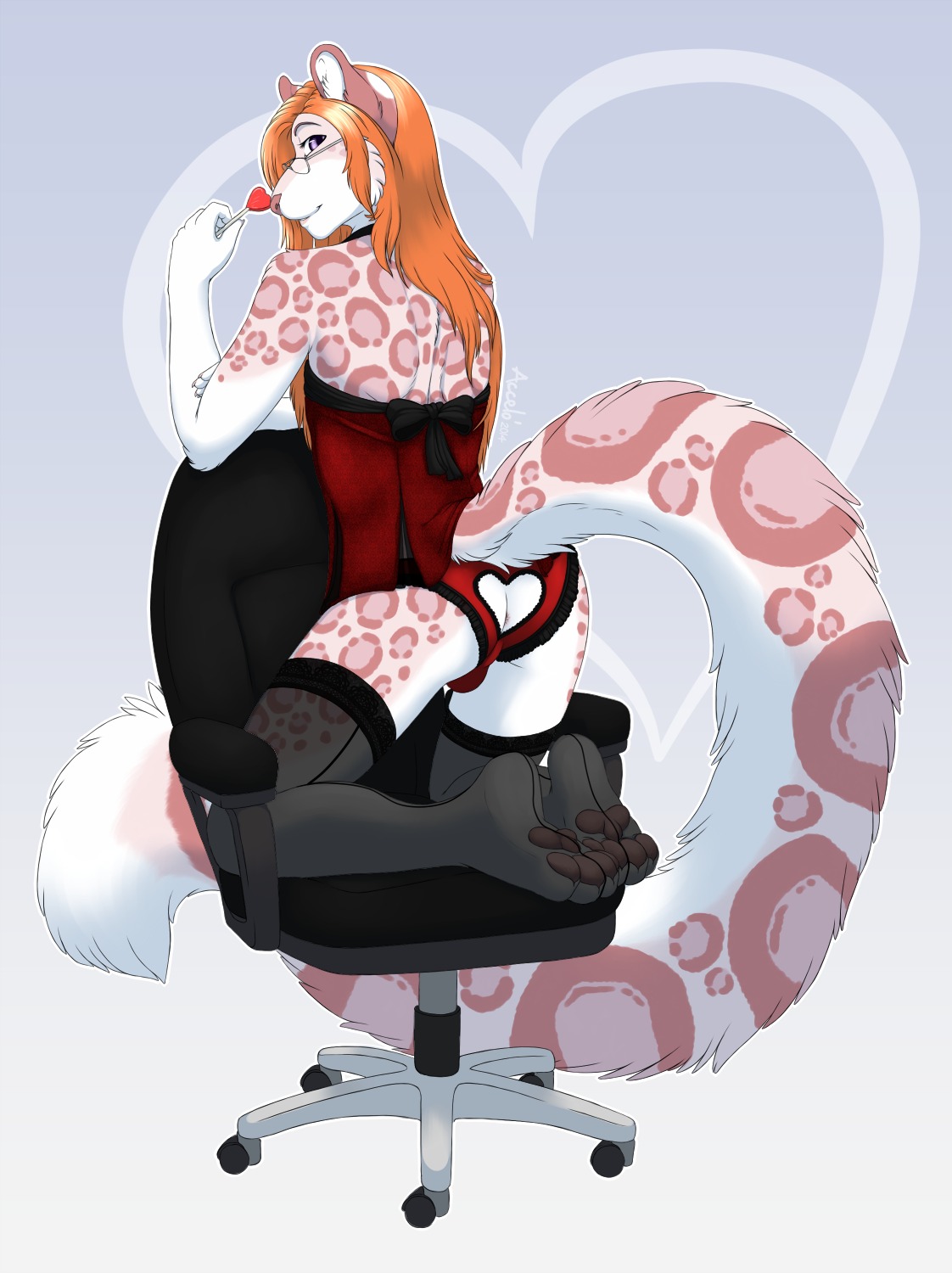 2014 accelo accelo_(character) anthro anus biped bulge butt candy chair clothed clothing crossdressing dessert e621 easy_access eyewear feet felid femboy fluffy fluffy_tail food furniture glasses hair heart_symbol hi_res hindpaw kneeling legwear leopard_spots lollipop long_hair long_tail looking_at_viewer looking_back male mammal office_chair orange_hair pantherine pawpads paws pink_spots pose presenting presenting_anus presenting_hindquarters smile snow_leopard solo spots stockings tail