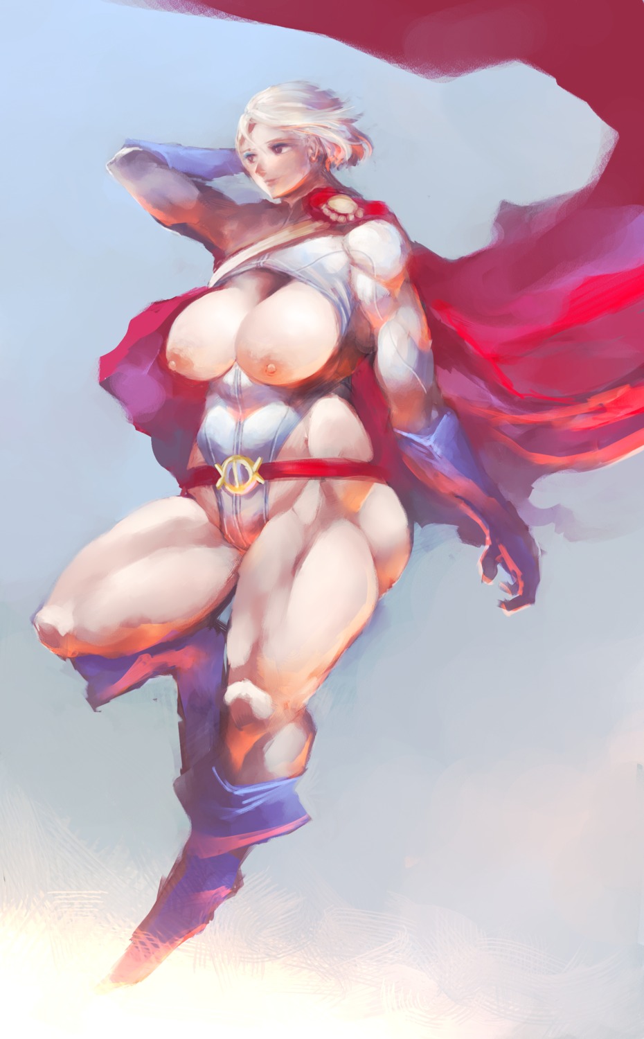adjusting_hair belt big_breasts blonde_hair boots breasts brown_eyes cape dc dc_comics female flying gloves homex kara_zor-l karen_starr leotard muscles muscular muscular_female nipples painting_(artwork) power_girl rule34 short_hair solo superman_(series)
