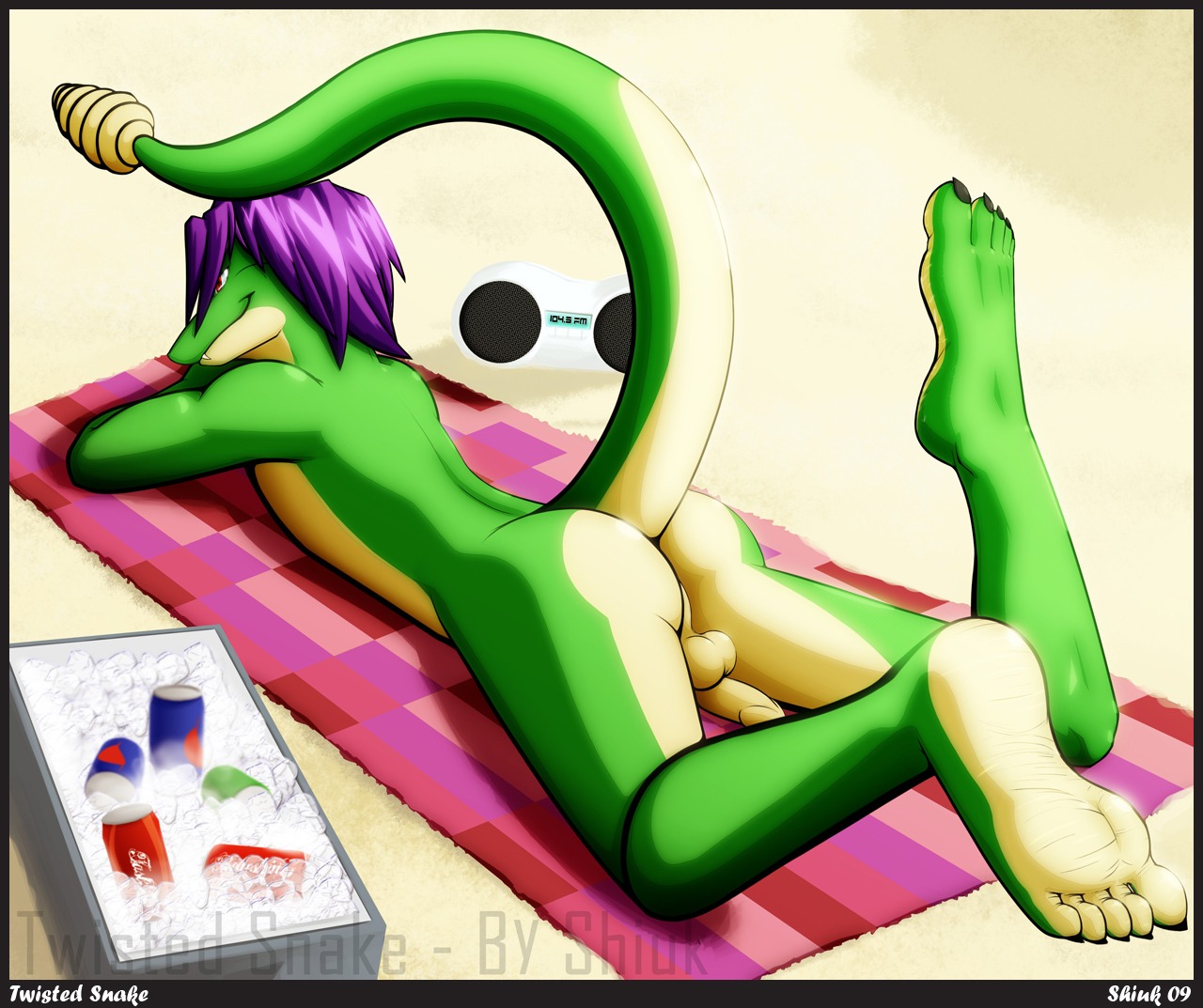 2009 5_toes anthro backsack balls beach biped black_border border butt casual_nudity circumcised cooler detailed_background dragon e621 electronics exposed feet genitals glans glistening glistening_balls glistening_genitalia green_body green_scales hair hindpaw humanoid_feet humanoid_genitalia humanoid_penis ice looking_at_viewer looking_back lying male multicolored_body multicolored_scales mythological_creature mythological_scalie mythology non-mammal_balls nude nude_beach on_front on_towel outside paws penis penis_backwards perineum plantigrade purple_hair radio raised_tail rear_view reptile san_francisco sand scales scalie seaside shiuk smile snake solo tail toes towel twistedsnake yellow_balls yellow_body yellow_penis yellow_perineum yellow_scales